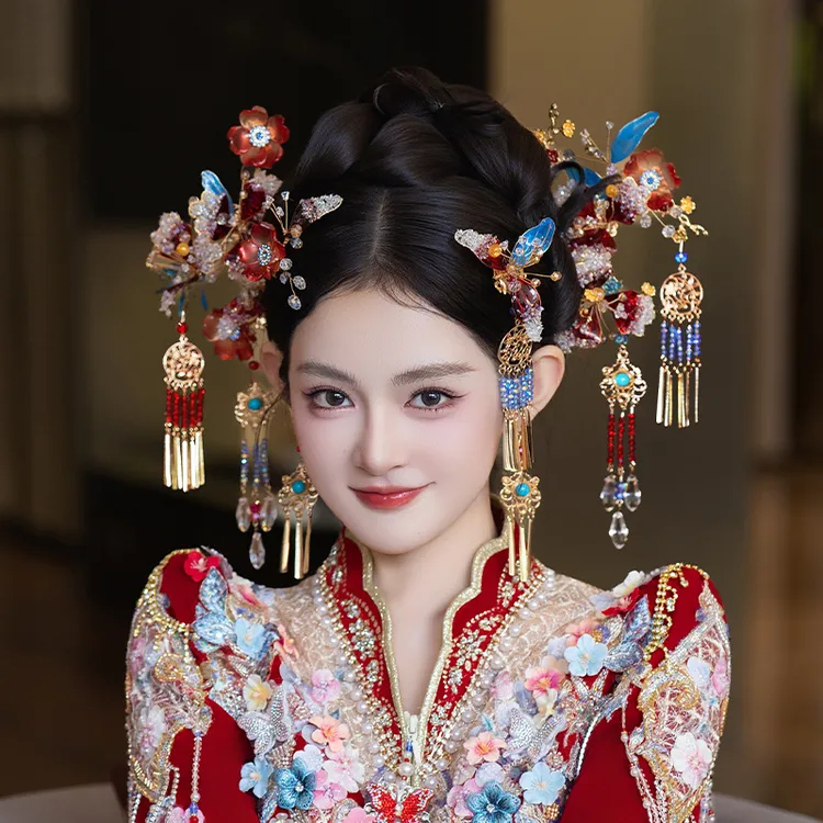 合金婚庆饰品 新娘国风小众红蓝撞色中式手工造液花婚礼头饰G0338