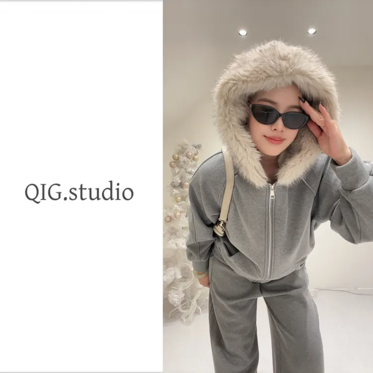 QIG秋冬季新款两件套毛绒连帽拉链外套加绒休闲裤套装保暖套装