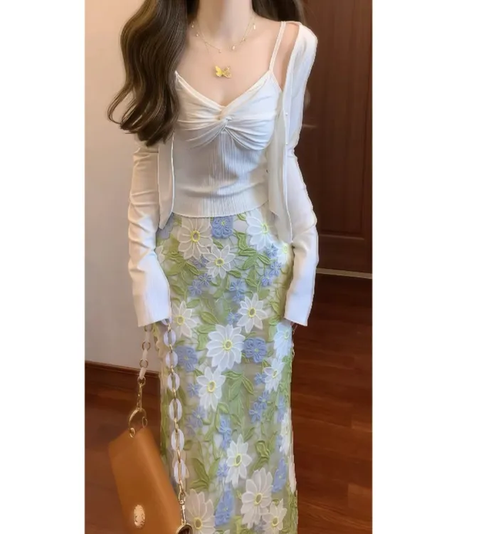 春夏重磅水溶蕾丝花朵刺绣半身裙内搭针织吊带防晒空调开衫