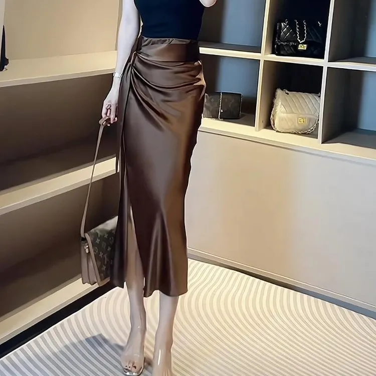 浪莎韩版2025新款缎面垂感高腰开叉半身裙女夏季轻熟风包臀长裙简