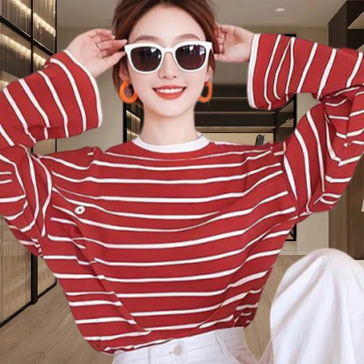 香朵儿休闲风红色条纹打底衫T恤2026春秋新款宽松减龄圆领上衣女
