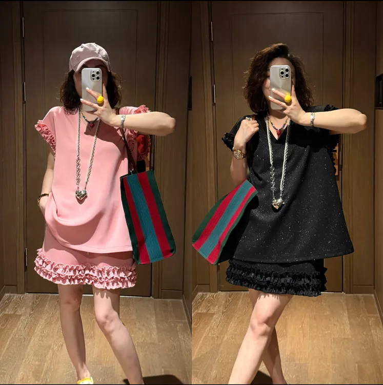 YDFSTUDIO小众【灿烂日光】高品重工木耳边拼接洒银上衣+半身裙套装