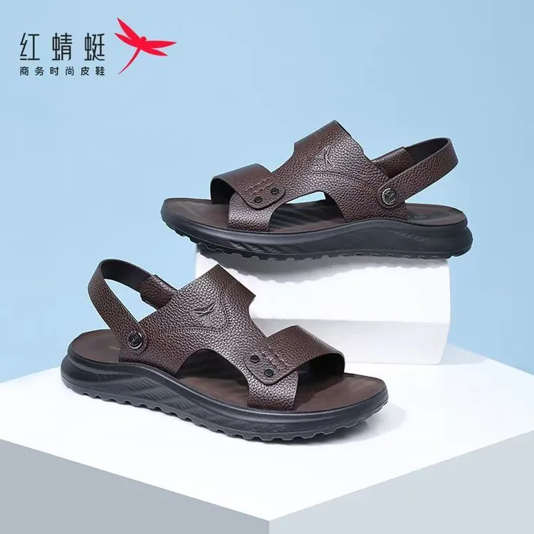 红蜻蜓夏季凉鞋防滑耐磨头层牛皮外穿沙滩两用拖鞋软底舒适男凉鞋