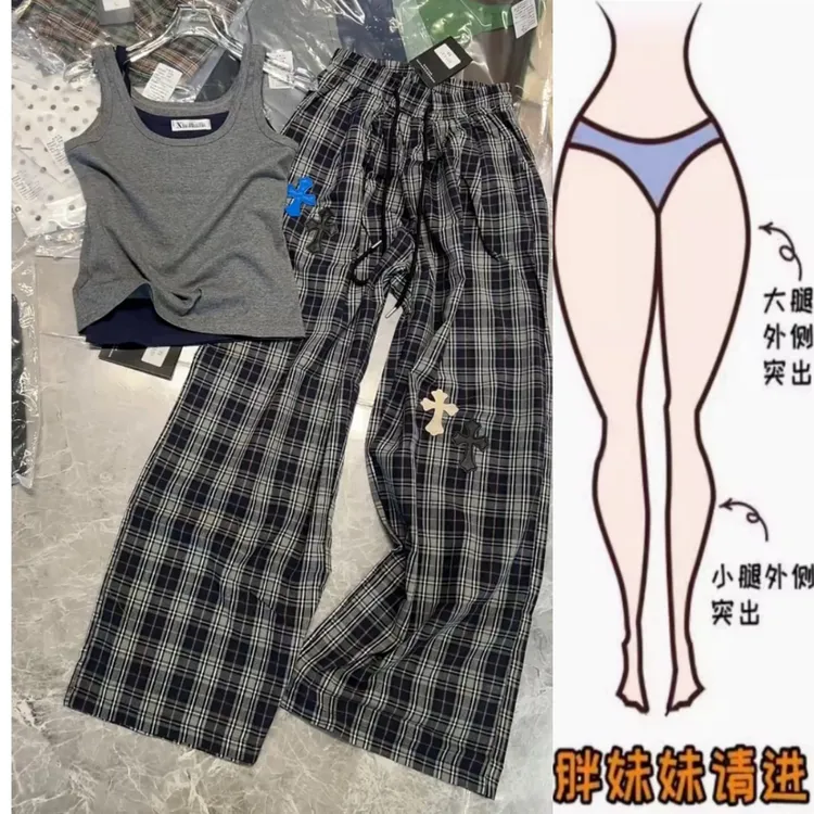 景倩妮时髦设计感格子直筒休闲裤2025夏季新款高腰显瘦窄版阔腿裤