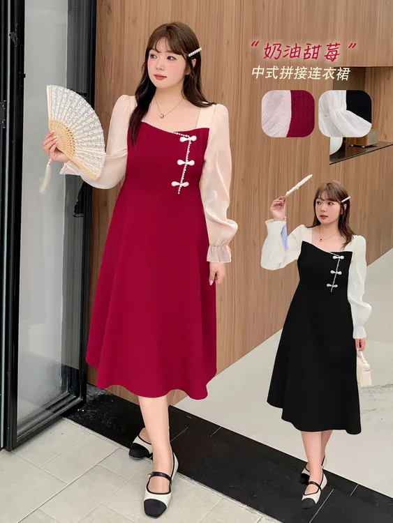 YH-2978大码女装法式方领长袖红色新娘订婚敬酒服微胖显瘦连衣裙