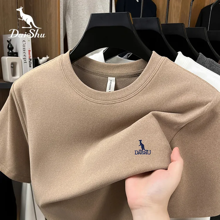 Dai Shu/袋鼠2025秋冬季圆领刺绣短袖双面绒打底男士时尚百搭T恤