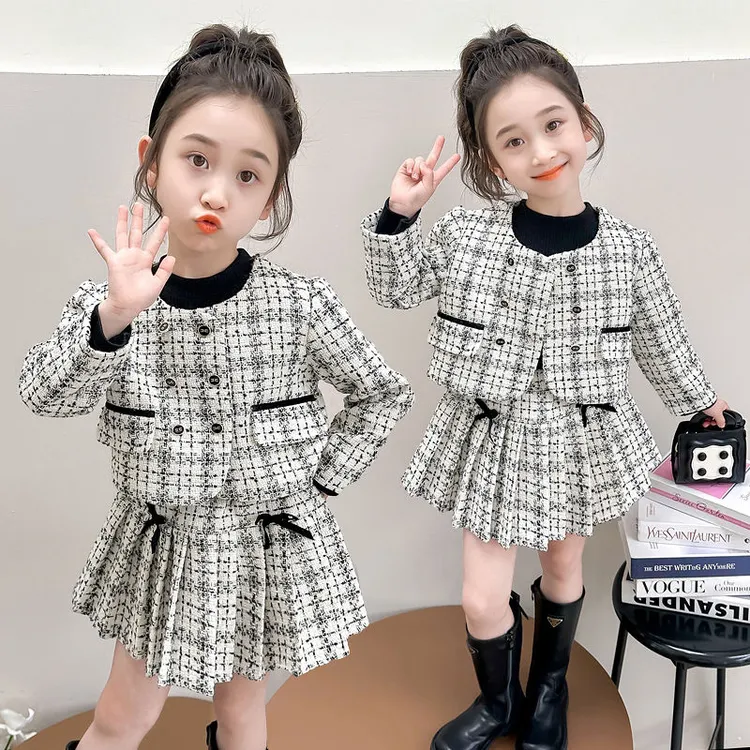 女童秋装小香风套装新款儿童千鸟格百褶裙子宝宝春秋三件套