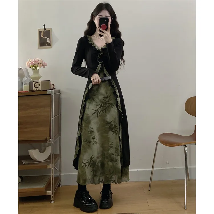 大码2025新国风清冷气质假两件连衣裙晕染设计胖MM收腰显瘦长裙潮