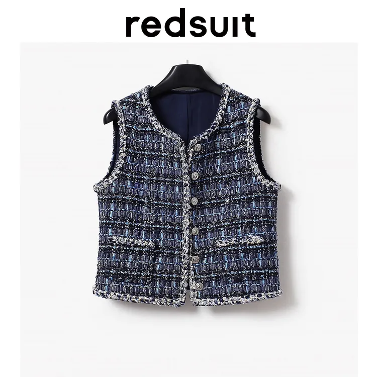 redsuit 高级感法式优雅蓝调粗花呢小香风马甲时髦深邃百搭马夹