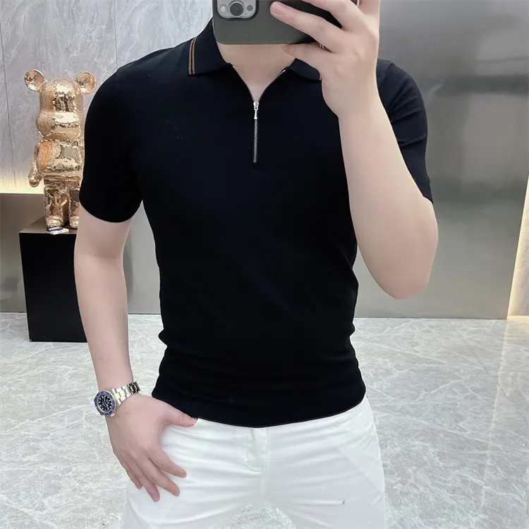欧洲站男士夏季翻领t恤时尚百搭轻奢商务冰丝针织个性polo衫短袖