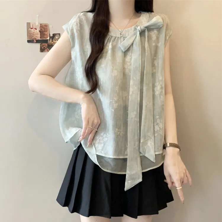大码法式扎染蝴蝶结系带无袖衬衫女夏季胖MM宽松显瘦百搭洋气上衣