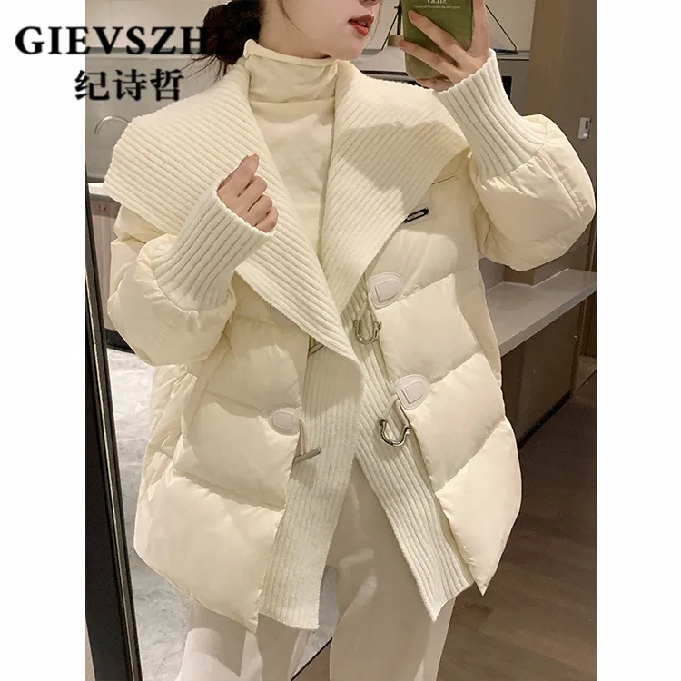 纪诗哲90白鹅绒中长款羽绒服女2025冬季新款大翻领加厚牛角扣外套
