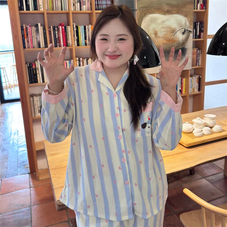 大码胖MM200斤秋季长袖长裤云朵棉蓝条纹小桃心少女睡衣薄款