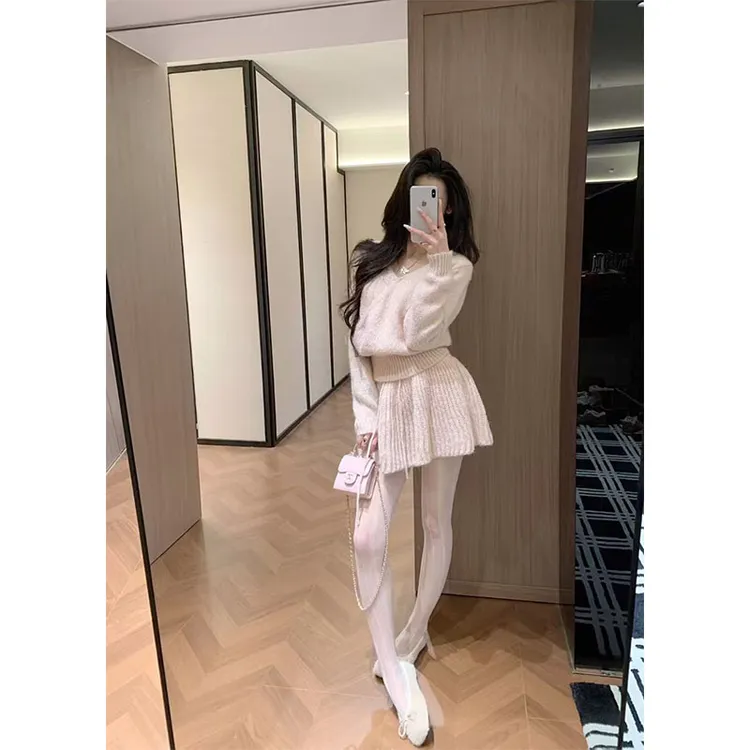 新款时尚甜美风INS休闲百搭针织长袖上衣高腰显瘦a字半身裙女套装