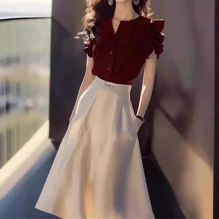 气场强大高端名媛气质女神范高级感上流社会红色衬衫连衣裙套装夏