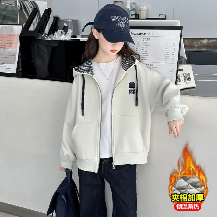 女童外套秋冬2025新款儿童加厚连帽棒球服冬装洋气中大童加棉上衣