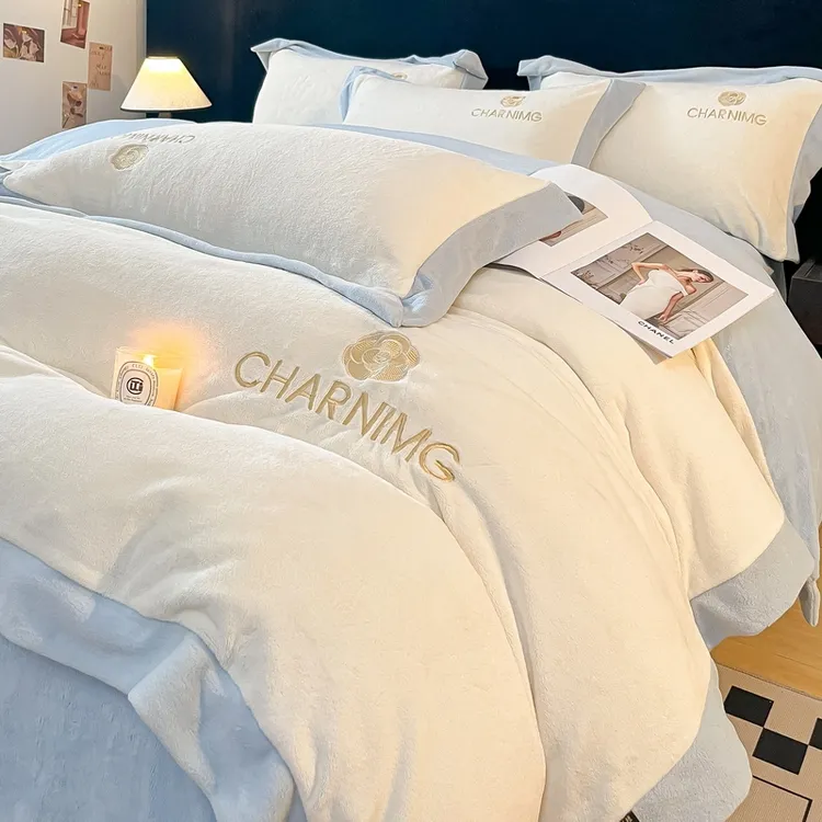 罗莱雅致家纺加厚牛奶绒冬季四件套高级感裸睡双面绒被罩保暖珊瑚