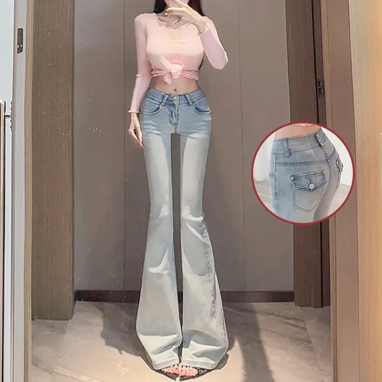 浅色低腰加绒牛仔裤女2025年冬季新款百搭丰跨修身辣妹显瘦微喇裤