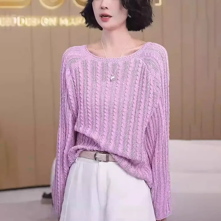 松弛感宽松显瘦麻花薄款针织上衣女2025春设计感镂空亮片洋气罩衫