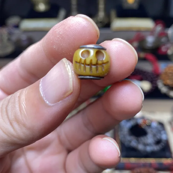 一对藏式牛骨雕刻桶珠老铜镶嵌孔道散珠腰珠顶珠佛珠饰品