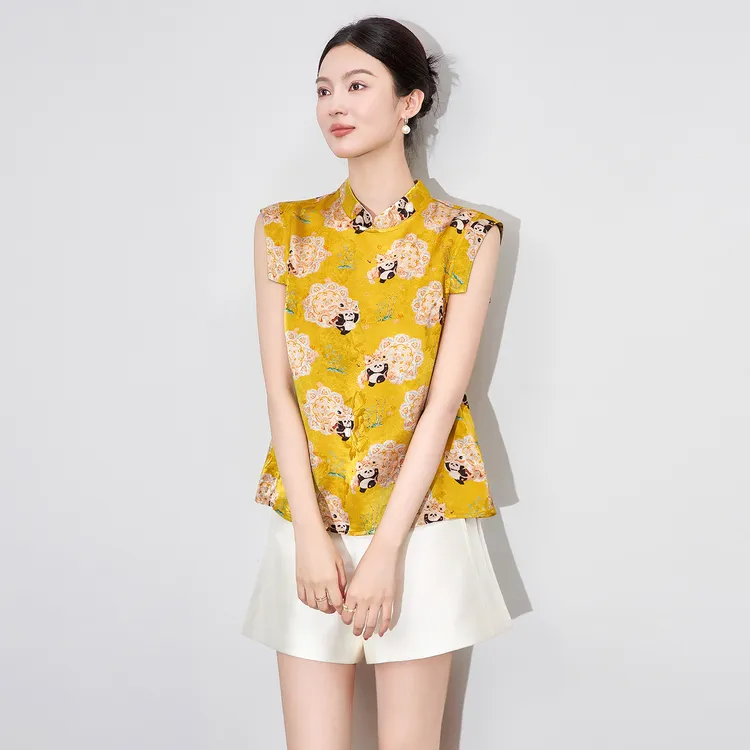 新中式国风熊猫提花马甲女士夏季新款时尚立领复古上衣 2510107