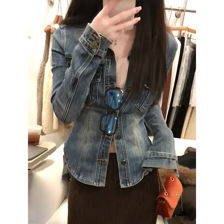 美式复古蓝色polo领修身牛仔衬衫女春秋季高级感收腰显瘦外套上衣