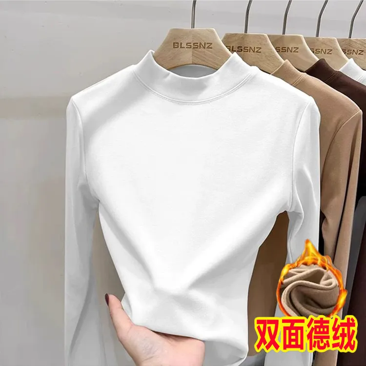 德绒保暖半高领打底衫女白色t恤正肩洋气秋冬上衣修身内搭小立领