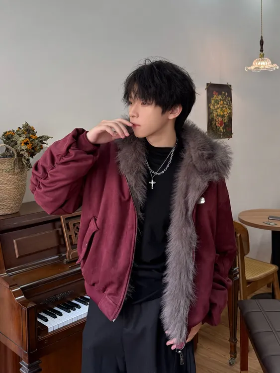 行星世界冬季新款麂皮绒双面穿棉服男复古毛领座山雕宽松加厚外套