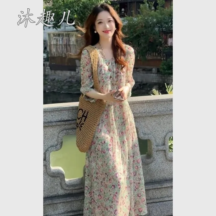 绿色碎花雪纺衫洋装夏季女装2025新款高级感法式茶歇高端连衣裙