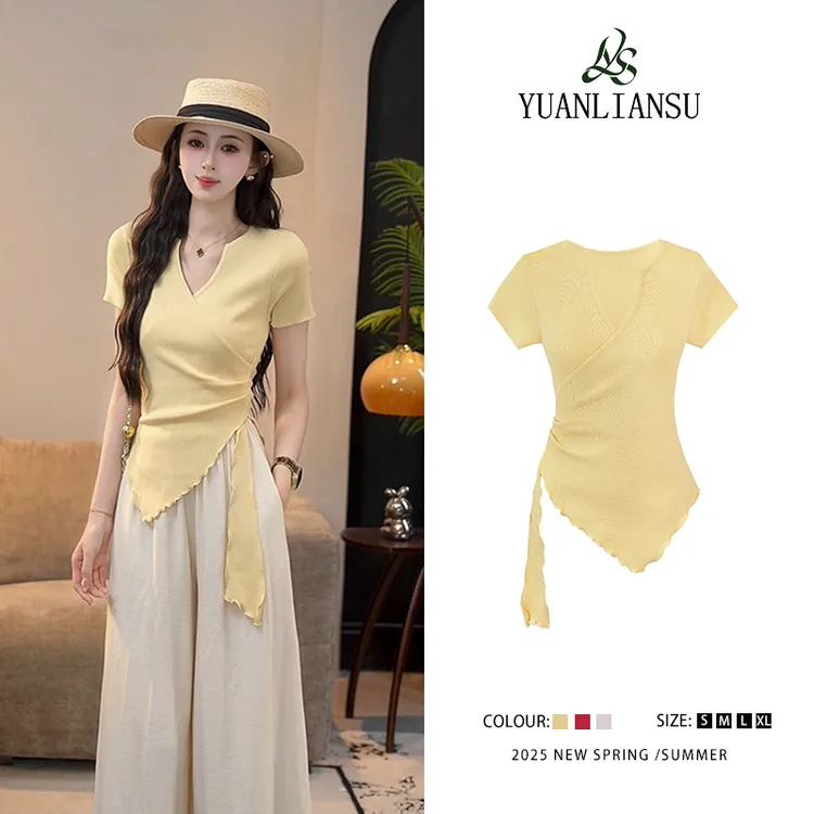 YUANLIANSU/圆脸酥【绵绵芝士】设计感小众不规则下摆短袖针织衫女