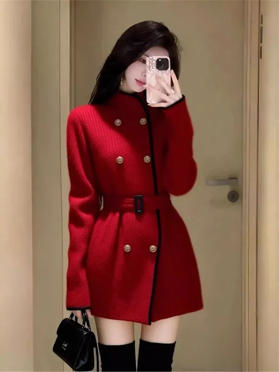 圣诞新年氛围感名媛小香风冬季短裙气质高级感红色针织连衣裙女