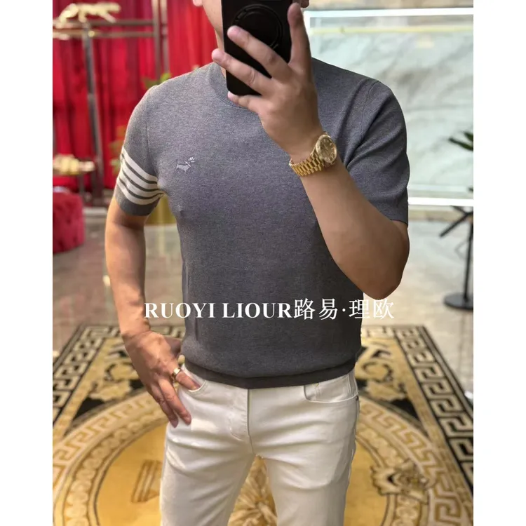 【路易理欧】欧货时尚百搭潮流条纹圆领刺绣小狗标男士针织短袖0510