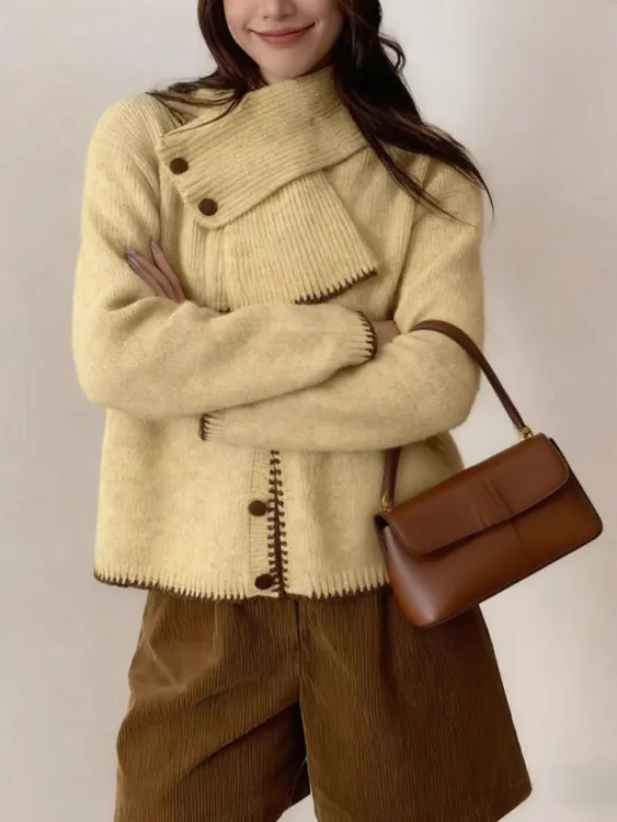 2025秋冬新款纯色针织开衫带围脖韩系撞色外搭上衣女套装毛衣外套