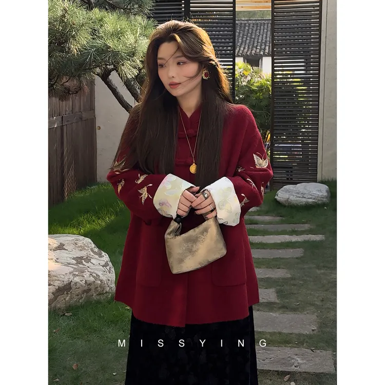 应小姐【岁岁暖】微胖大码新中式羊毛+桑蚕丝+兔毛中长款双面呢大衣