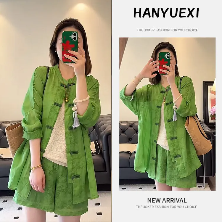 夏季时尚一整套女装2025新款新中式绿色防晒衬衫休闲短裤两件套装