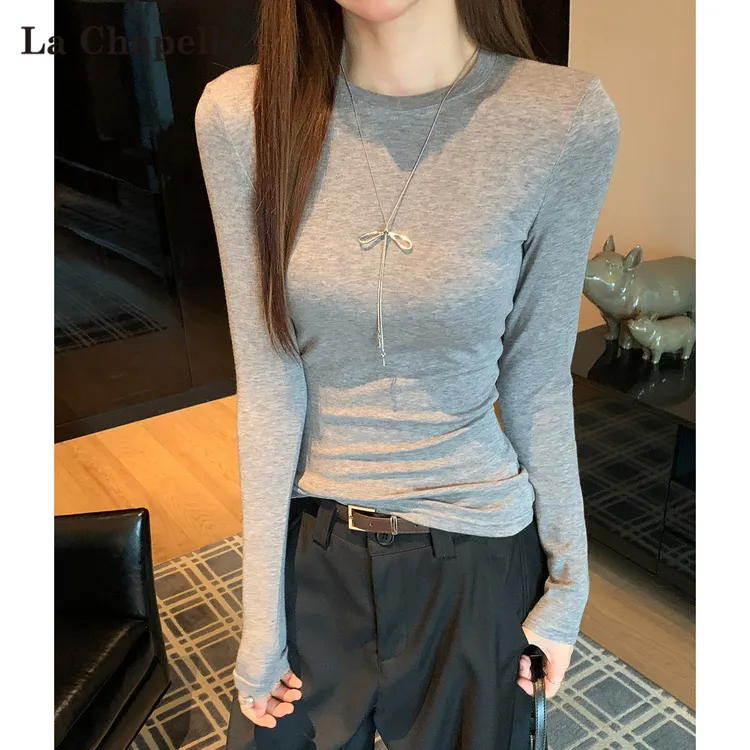 拉夏贝尔灰色辣妹纯欲打底衫女秋季修身显瘦内搭外穿长袖气质上衣