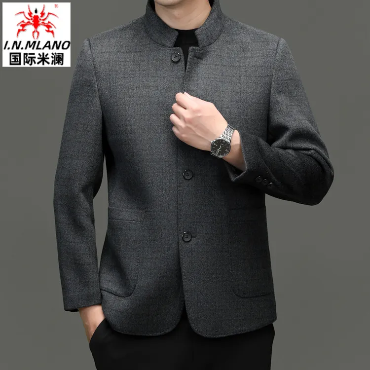 高档羊毛夹克男商务休闲秋季新款茄克呢子中年爸爸装立领外套男装