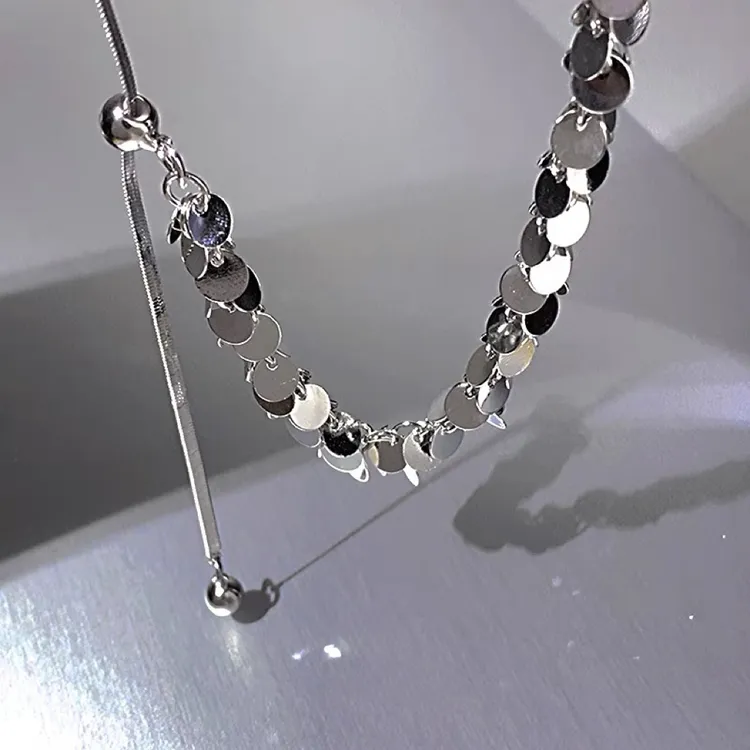 钛钢项链 金属圆片流苏项链女银色设计感小众百搭时尚抽拉式颈链