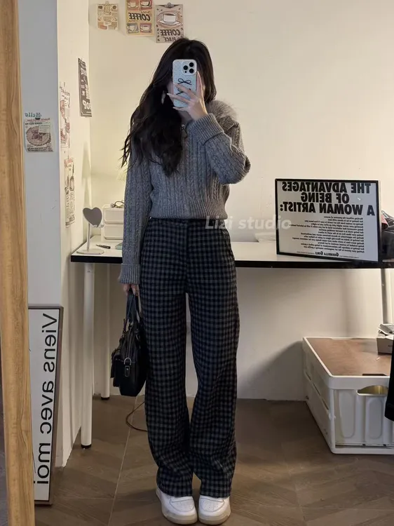 毛呢格子裤直筒百搭显高显瘦2024小个子定制95长度150加绒