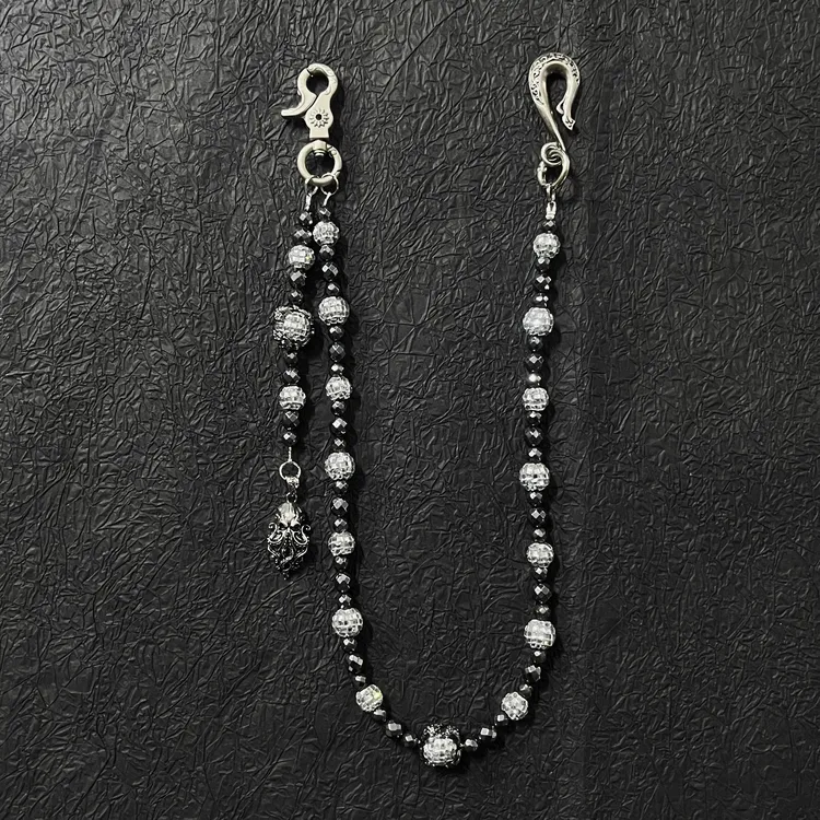 MS镶片珠黑胆石裤链复古小众设计cleanfit潮流牛仔裤链腰间配饰