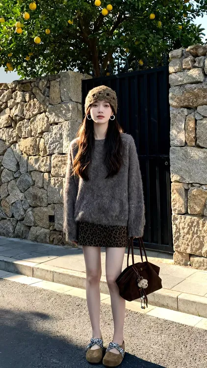 2025秋季新款韩系气质软糯灰色毛衣氛围感轻熟豹纹短裙两件套装