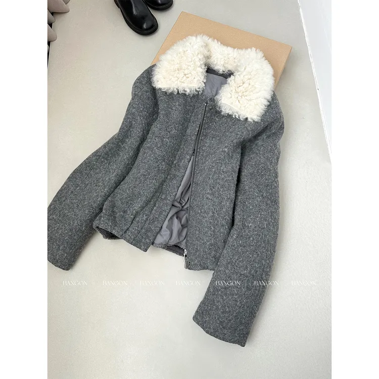 现货清仓 韩系灰色毛呢外套小众高级感2025秋季新款休闲百搭上衣