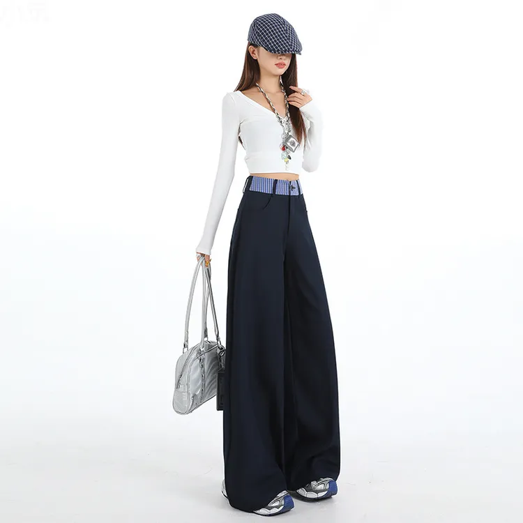 藏蓝色格子拼接西装裤女2025秋季美式设计点缀宽松阔腿休闲裤子