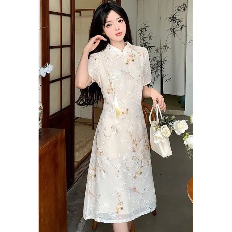 大码女装胖mm夏季新款新中式改良国风旗袍遮肚小清新气质连衣裙