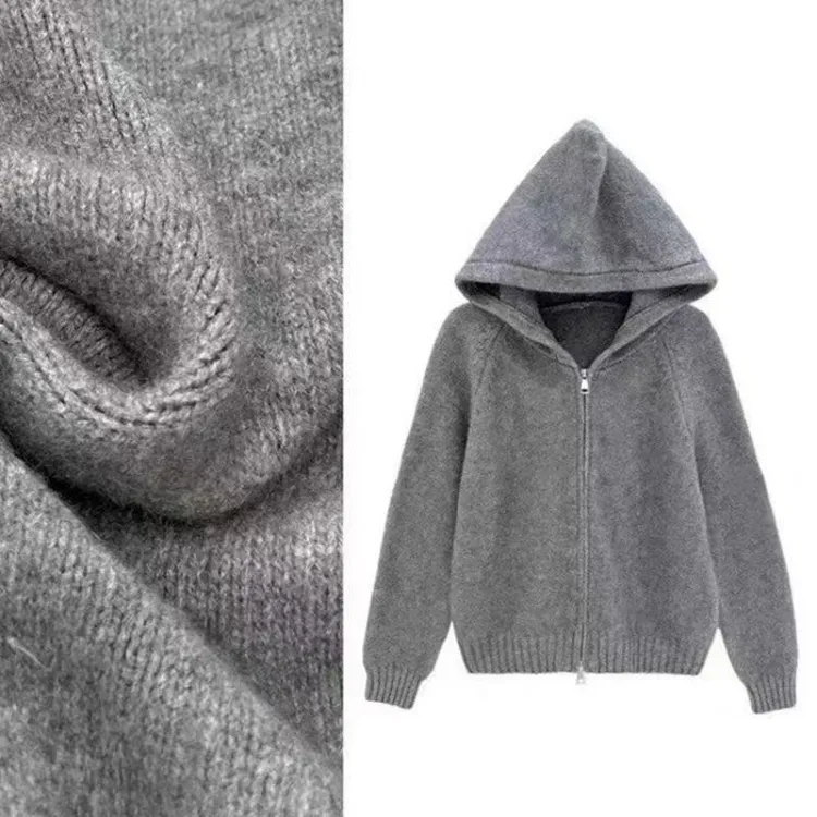 2连帽拉链针织开衫女2025秋冬宽松毛衣短款外套上衣加厚