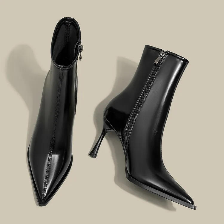 Moleubak高跟短靴女秋冬马丁靴欧美百搭尖头瘦瘦靴细跟单靴6-8cm