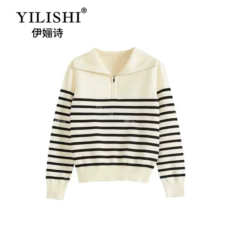 2025秋冬新款海军领条纹撞色针织长袖套头半拉链翻领上衣A29