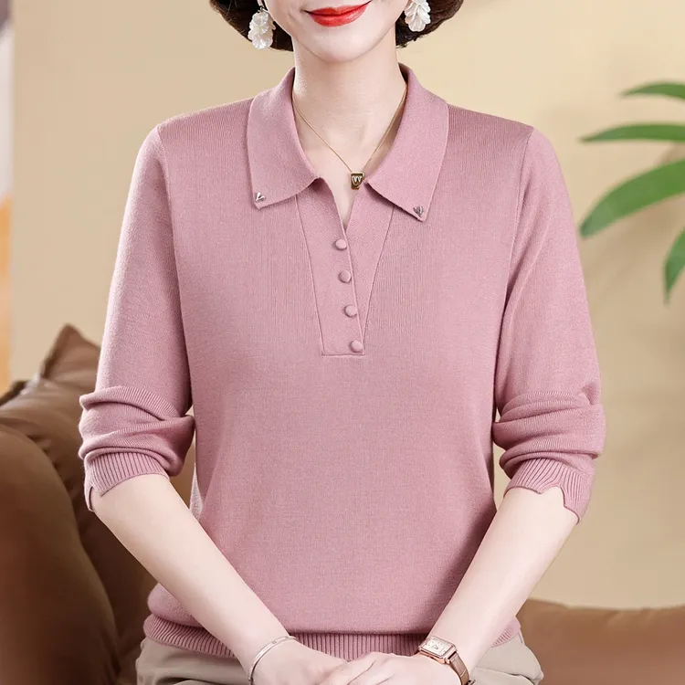 妈妈春秋款长袖针织衫2025年新款百搭翻领打底衫中年女士薄款毛衣