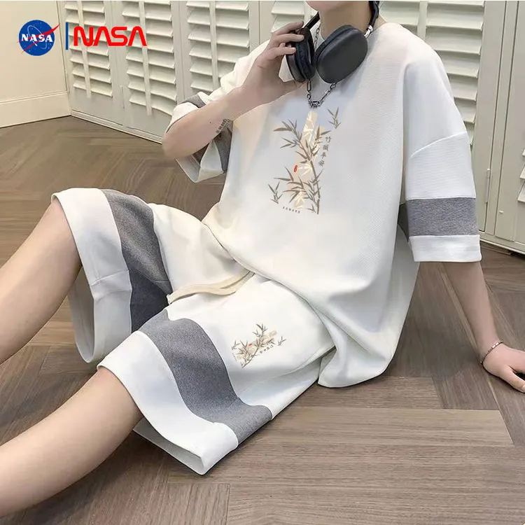 NASA新中式国风华夫格短袖短裤夏季潮流帅气休闲宽松大码套装男