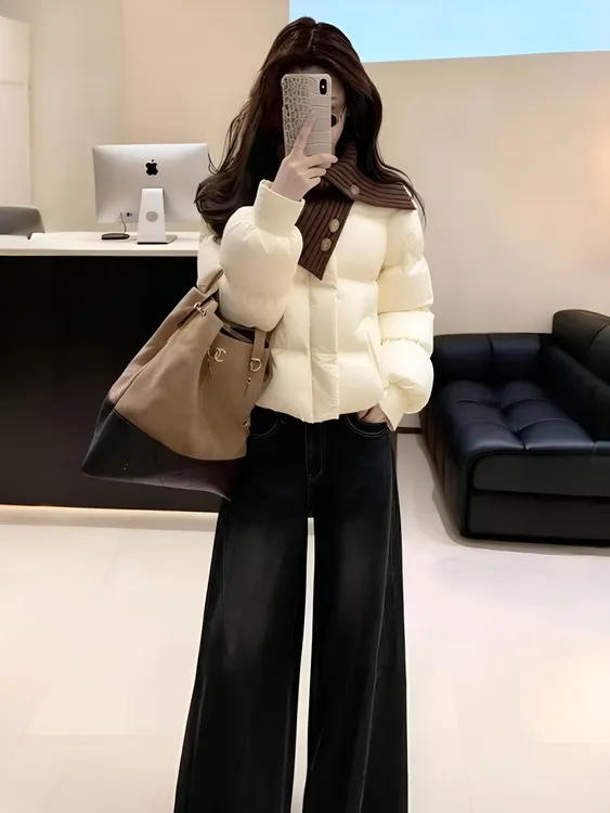 冬季穿搭一整套高级感小香风白色立领面包棉服上衣牛仔裤气质套装